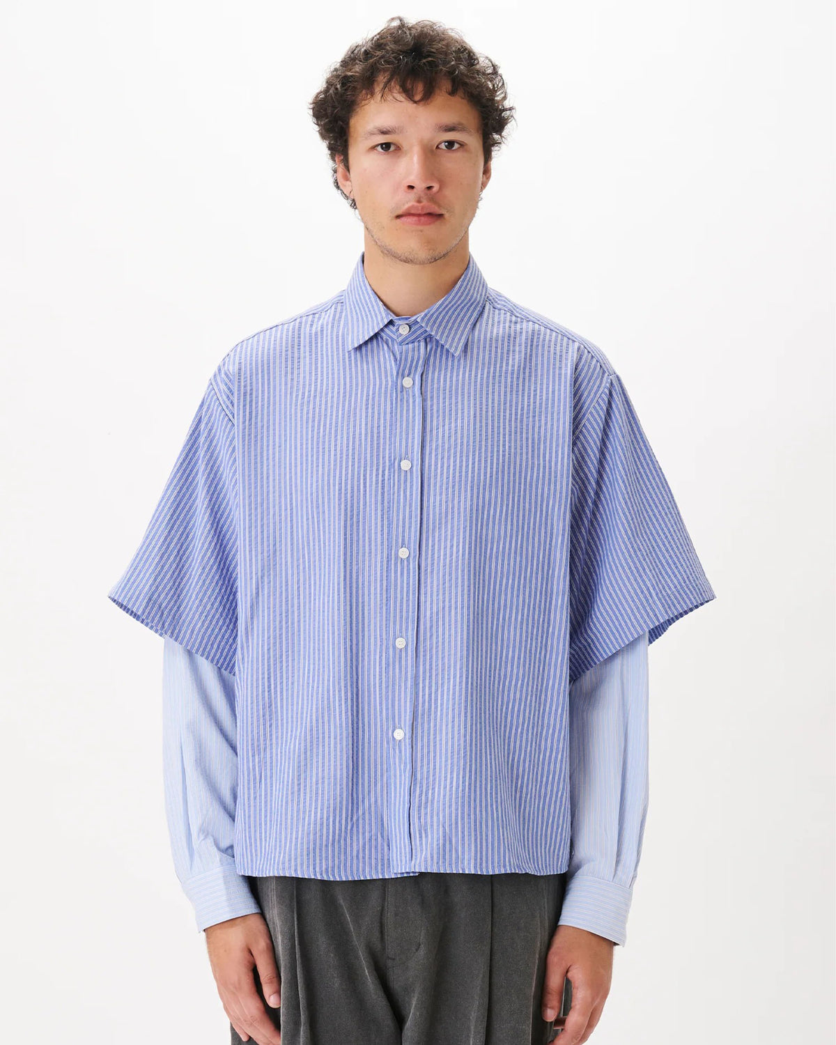 Button-Up Layered Shirt - Blue Stripes