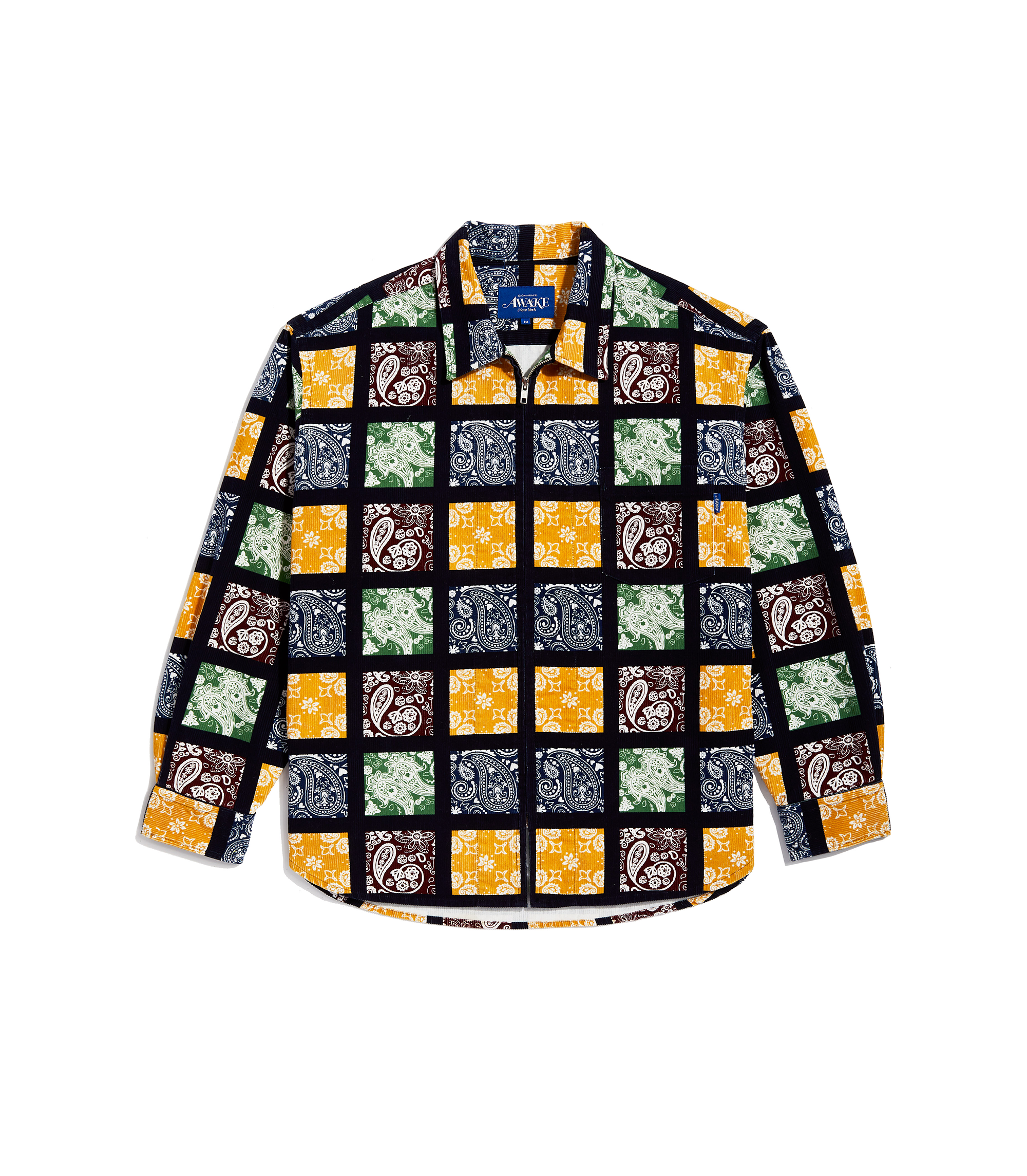 Paisley Printed Corduroy Zip-Up Shirt - Black / Multi Colour