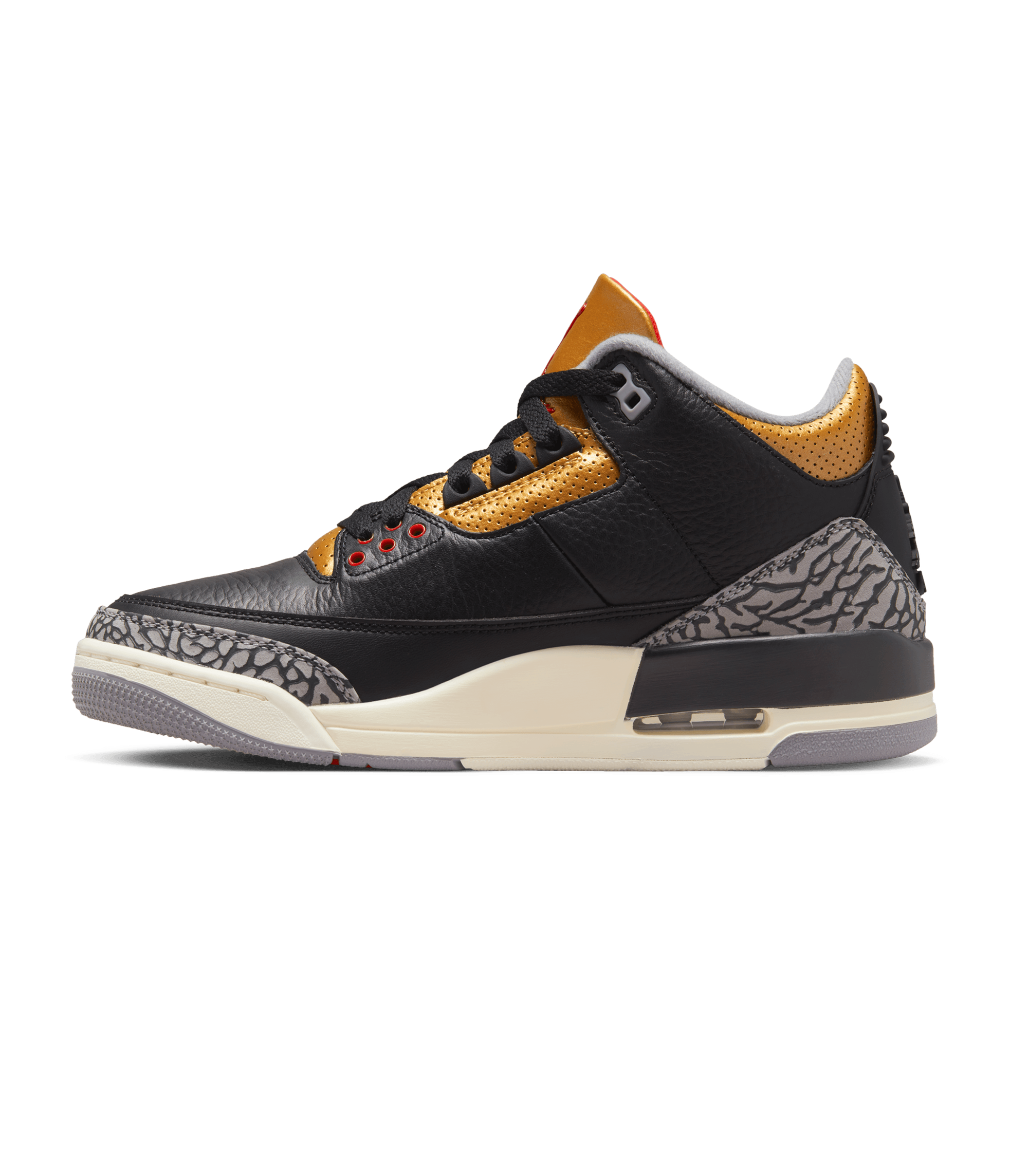 Womens Air Jordan 3 Retro - Black / Fire Red / Metallic Gold / Cement Gray